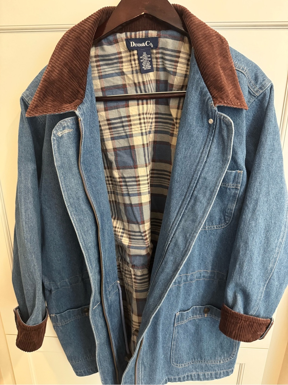 Vintage 90’s Denim Co. Plaid-Lined Denim Barn/Chore Jacket Blue & Brown Like New - Picture 7 of 8
